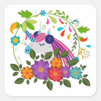 Sticker Carré Jolies Fleurs roses mignonnes Unicorne Noël Noël N