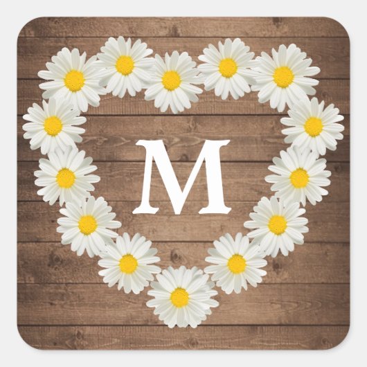 Sticker Carré Jolies marguerites Monogramme Mariage Bois rustiqu (Devant)
