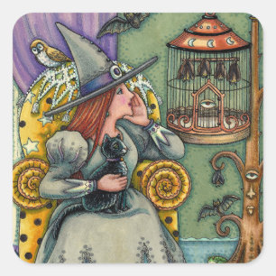 STICKER CARRÉ JOLIMENT WITCH, CHAT & SES ANIMAUX, CAGE DE MAIN,
