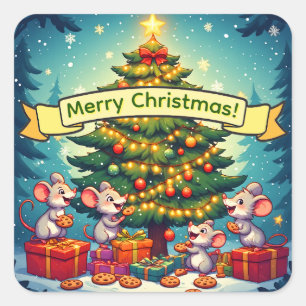 Sticker Carré Jolis biscuits de souris de Noël Arbre festif joye