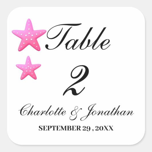 Sticker Carré Jolis Numéros de Table de Mariage de Plage Étoile (Devant)