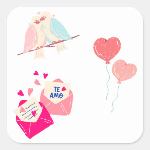 Sticker Carré jolis oiseaux d'amour et lettres romantiques