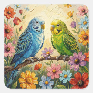 Sticker Carré Jolis perroquets bleus et verts Impasto
