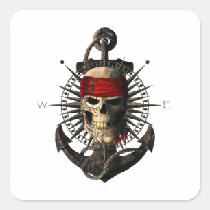 Sticker Carré Jolly Roger Pirate Skull Sailing Compass Anchor