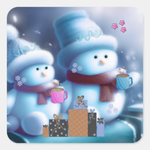 Sticker Carré Jolly Snowman Couple Coffee