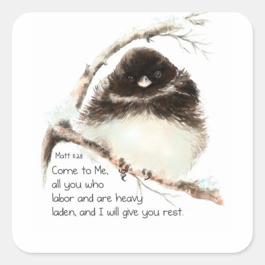 Sticker Carré Jote Junco Bird, Écriture, Matt 11:28, Repos (Devant)