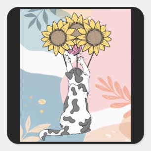 Sticker Carré Jouer Au Chat Avec Papillon Et Tournesols