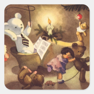 Sticker Carré Jouets de Noël vintage, poupées dansantes, ours en