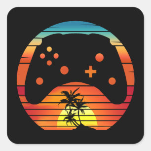 STICKER CARRÉ JOUEUR BRANCHÉ JEUX VIDÉO RÉTRO COUCHER DE SOLEIL