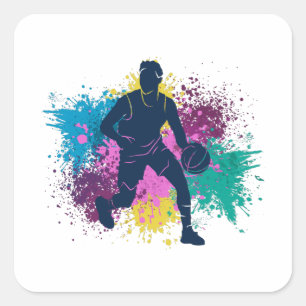 Sticker Carré Joueur de basket-ball Grungy Couleurs Splashes