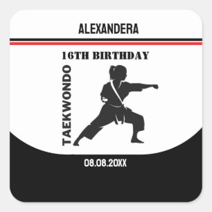 Sticker Carré Joueur de Taekwondo, Cadeau d'anniversaire, Karate