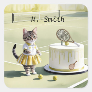 Sticker Carré Joueur de tennis de chat au court avec gâteau d'an