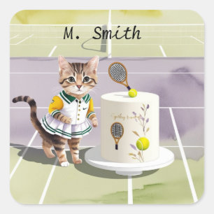 Sticker Carré Joueur de tennis de chat au court avec gâteau d'an