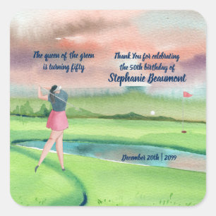 Sticker Carré Joueuse de golf femme balançant cinquantaine 50e a