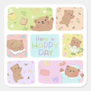 Sticker Carré Jouez Un Joyeux Jour : Joli Teddy Bear Illustratio