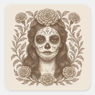 Sticker Carré Jour de la mort Catrina Aztec Marigold dessin