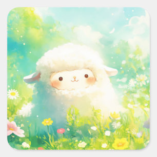 Sticker Carré Jour de l'Alpaca dans un jardin de printemps color