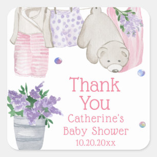Sticker Carré Jour de lavage de l'ours mûr Baby shower aquarelle