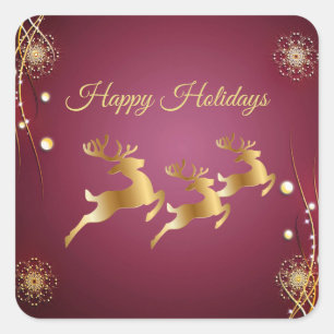 Sticker Carré Jour de Noël Golden Reindeers Rouge rose Élégant