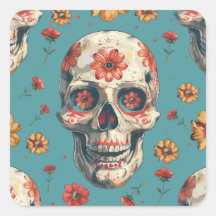 Sticker Carré Jour des Morts design avec crâne et fleurs