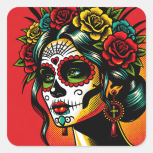 Sticker Carré Jour des morts Roses mexicaines Catrina