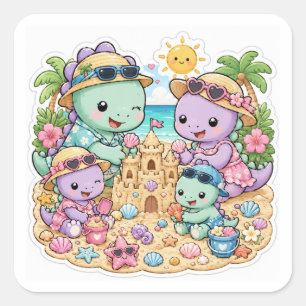 Sticker Carré Journée à la plage de la mignonne famille de dinos