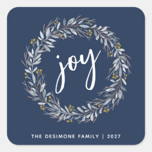 Sticker Carré Joy Watercolor Botanique Wreath Christmas Blue