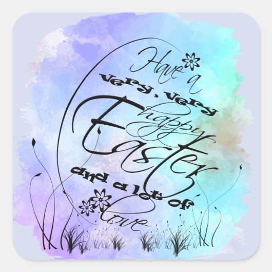 Sticker Carré Joyeuse calligraphie bleu de Pâques violet (Devant)