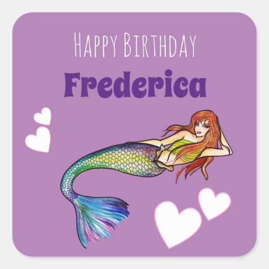 Sticker Carré Joyeuse fille d'anniversaire Rainbow Mermaid Illus (Devant)