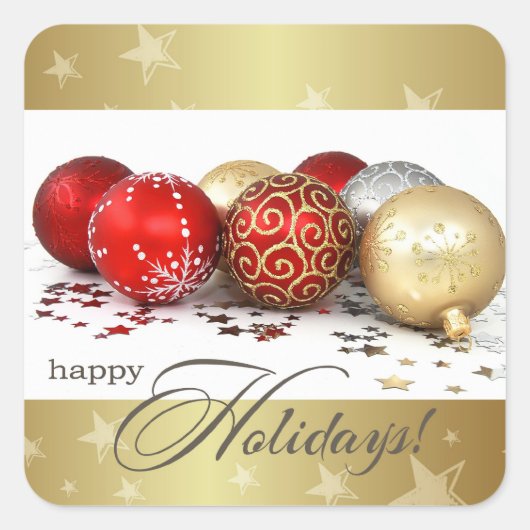 Sticker Carré Joyeuses fêtes. Baubles d'or rouge Noël (Devant)