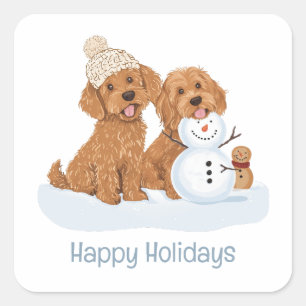 Sticker Carré Joyeuses Fêtes Goldendoodle Hiver Chien Bonhomme d