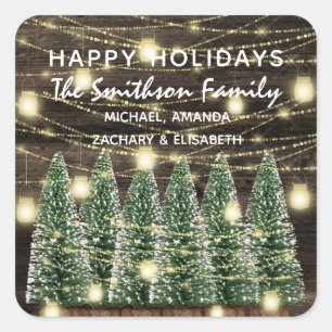 Sticker Carré Joyeuses fêtes Joyeux arbres de Noël Nom Rustique