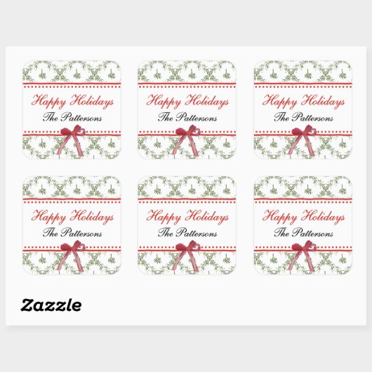 Sticker Carré Joyeuses fêtes Mistletoe Red Bow Custom Christmas (Feuille)