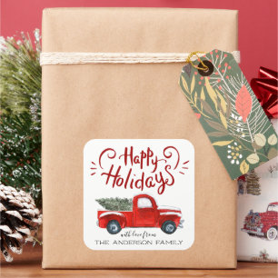 Sticker Carré Joyeuses Fêtes Noël camion rouge vintage