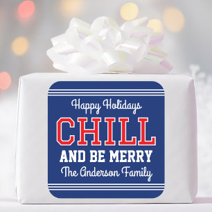 Sticker Carré Joyeuses Fêtes Nom de famille Fun Retro Navy Rouge