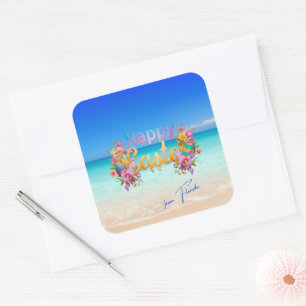 Sticker Carré Joyeuses Pâques de Floride Tropical Beach