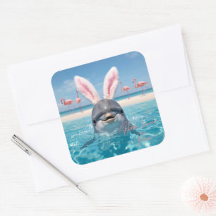 Sticker Carré Joyeuses Pâques Floride Flamants roses de plage et
