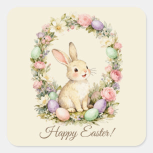 Sticker Carré Joyeuses Pâques Lapin Vintage Couronne Florale