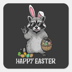 Sticker Carré Joyeuses Pâques Raton laveur Lapin