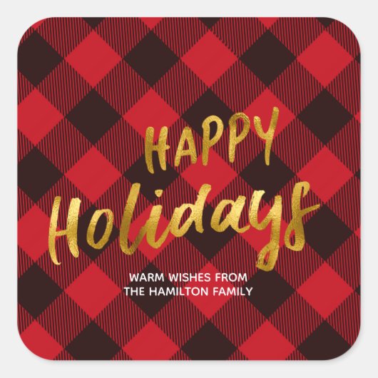 Sticker Carré Joyeuses vacances Buffalo Red Plaid et Gold Foil (Devant)