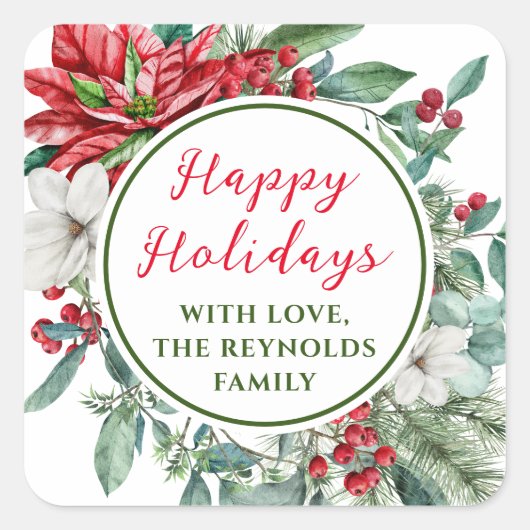 Sticker Carré Joyeuses vacances Poinsettia Floral Favor (Devant)