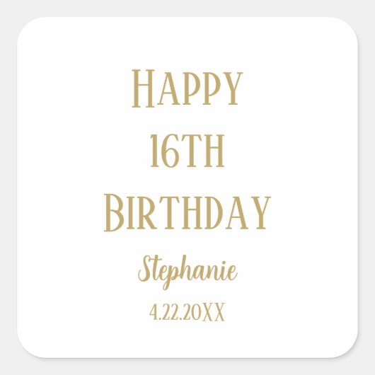 Sticker Carré Joyeux 16e anniversaire Seize Or personnalisé Nom (Devant)