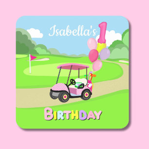 Sticker Carré Joyeux 1er Anniversaire Golf Fille Rose Pois