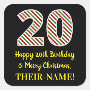 Sticker Carré Joyeux 20e anniversaire & Joyeux Noël, Nom personn