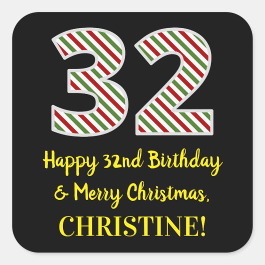 Sticker Carré Joyeux 32e anniversaire & Joyeux Noël, Nom personn (Devant)