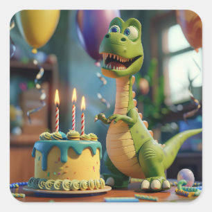 Sticker Carré Joyeux 3ème Anniversaire, Dino Drôle, Rond ou 