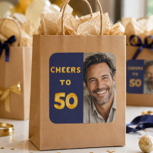 Sticker Carré Joyeux 50e anniversaire avec 50 ballons bleus mari