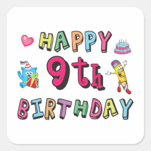 Sticker Carré Joyeux 9e anniversaire pour les enfants de 9 ans B
