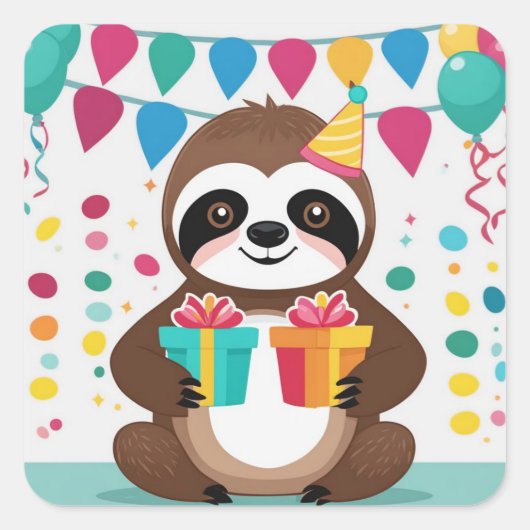 Sticker Carré Joyeux Anniversaire à Cutest Sloth! (Devant)