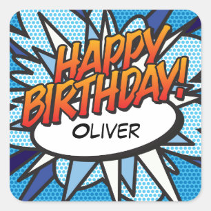 Sticker Carré JOYEUX ANNIVERSAIRE Bande Dessinée Rétro Amusante